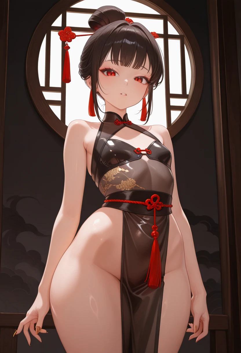 girl, short black hair with two strands of braided hair, medium breasts black Chinese dress, sex, nude vaginal penetration, linda, ribbon tied to his thigh 
