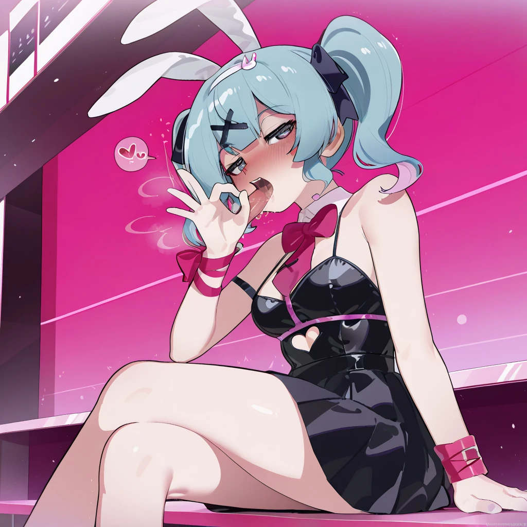 Kashmir girl with rabbit ears, (((Kashmir rabbit ears))), Black turtleneck, Aqua-colored hair, Ridiculously long hair, Cat Pose, Pink Brief, Cleavage, third size chest, Black socks, Transparent socks, Red eyes, Rabbit's Tail