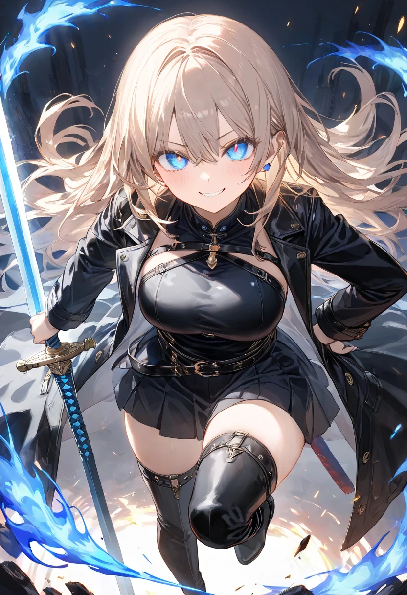 (8k, masterpiece, Best Quality, ultra-detailliert, Professional lighting),1girl,(Beautiful girl) ,large breasts,(blond and blue streaked hair:1.5), highlights hair ,Glasses,tareme,nsfw,(black long boots,nude,naked on the coat ,collar,blue Sword:1.5),out door,Monster,penis,futanari, dynamic pose,hand holding a sword,gripping sword in hand