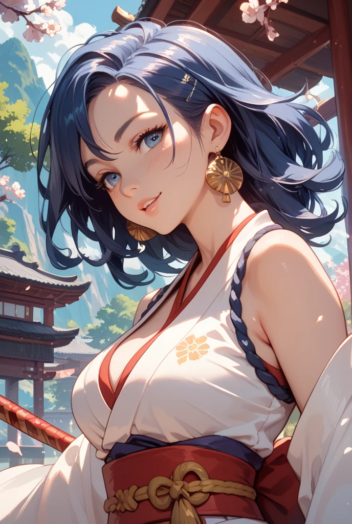 (((((roll up bandage sideways on a chest tightly to cover the chest without gaps))))), (((bandage samweways))),, ((Japanese Gangster BOSS)), adult woman with the dignified presence, Killing Qi, wear nothing around shoulder, wear nothing around neck, wear the kimono, wear it below the waist, (I wind it up to control it, and to attach it), ((kimono come off)) ,wear the kimono multiple times, Bare shoulders and the clavicle, black and gold kimono, put on over jacket of kimono, (holding a japanese sword which shine in purple, The handle of the sword is black, and the blade is gray, long sword), eye fire, low angle, whole body, anime character, Glaring, off sholder, nappropriate smile, Excellent, black blue hair, can see both shoulder, ((long kimono hem)), small face, ((some cherry blossam big tattoo on the arm)), ((background Japanese gate with circlr mark)),muscular,drink sake,fullmoon in the sky, The kimono is spreading,(((ultra-detailed))),super beautiful,Masterpiece,Killing Qi,Intimidation,zoom up, a person,Selfish person,in japanese veranda