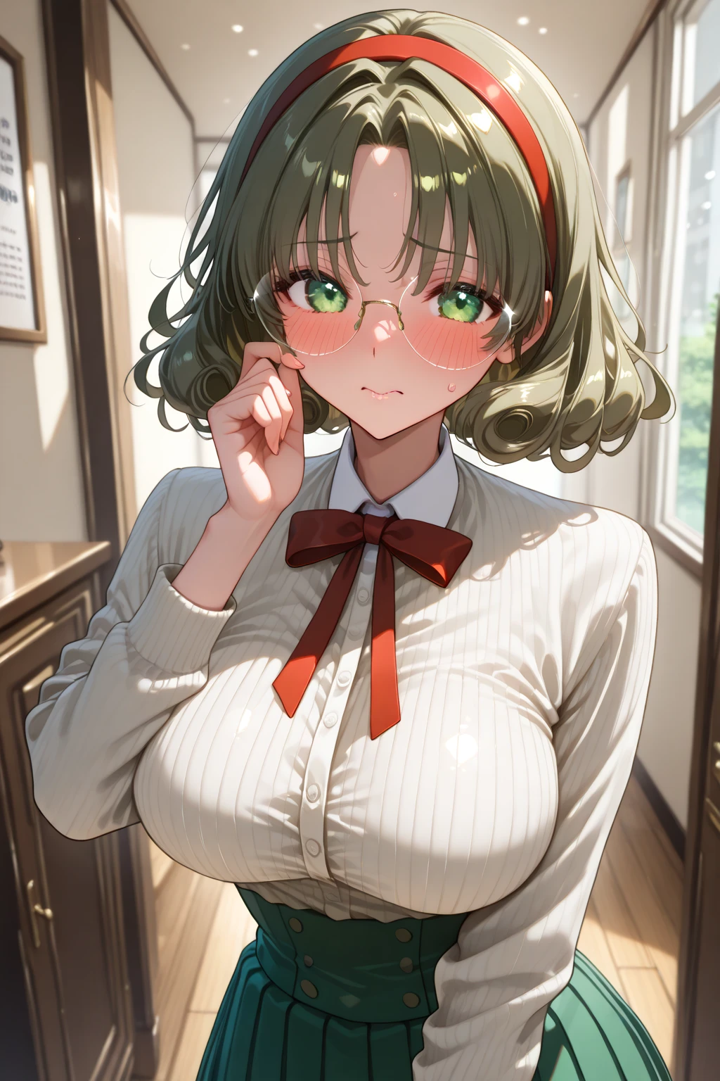 (((pixel perfect, Detail Perfect)))，Detailed Five Fingers，Solo, 1girl in, Hanayo Koizumi,  Looking at Viewer, eye glasses，Sweat, Heart-shaped pupil, cum on, nedium breasts, 
Half closed eyes, blush, 
view the viewer, From below, Focus, Beyond the particles of light, Love hotel bedroom, Green bra，Green underwear，Green Garter Belt，Green tights，straddlinedium breasts，all-fours