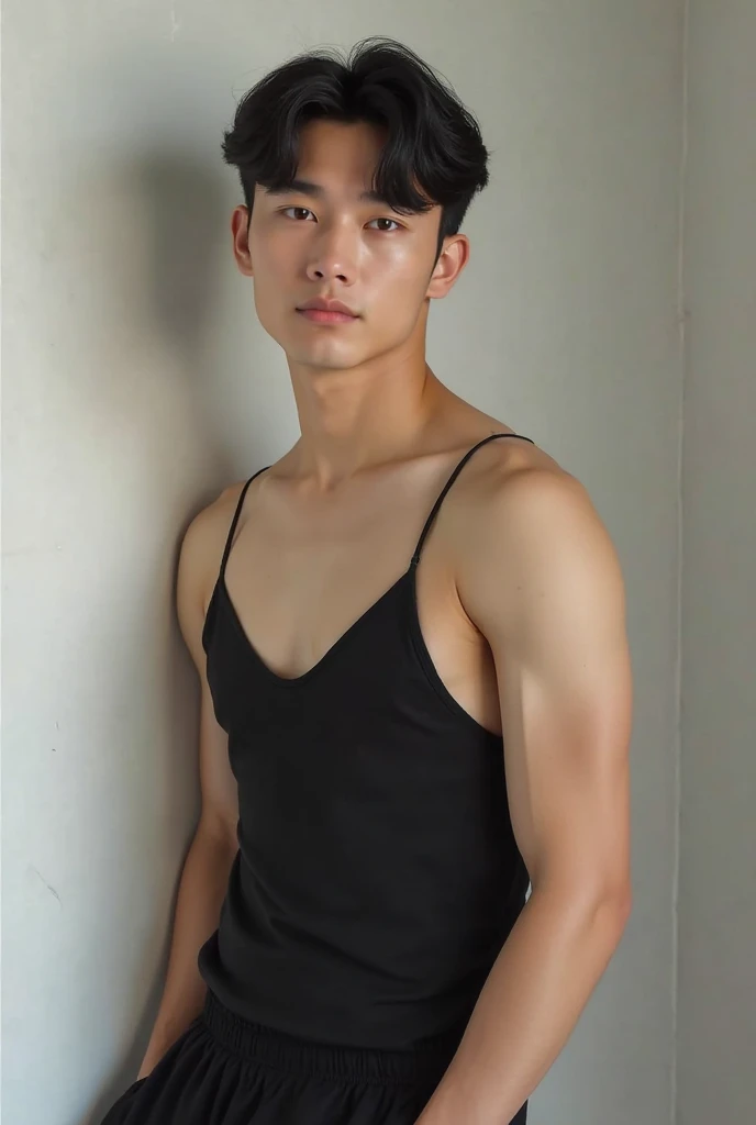 ((masterpiece)), ((best quality)), ((high resolution)), ((Detailed background)), ((extremely detailed)), 1 person,solo, Young men,Asian,male model,black hair,short hair,Smile,Sexy breasts,thin waist,6 pack abs,black shorts,Detailed physical description, in the room,Floor-to-ceiling windows,Sunlight,The shooting angle is from the bottom up, lifted arms, shaved armpits