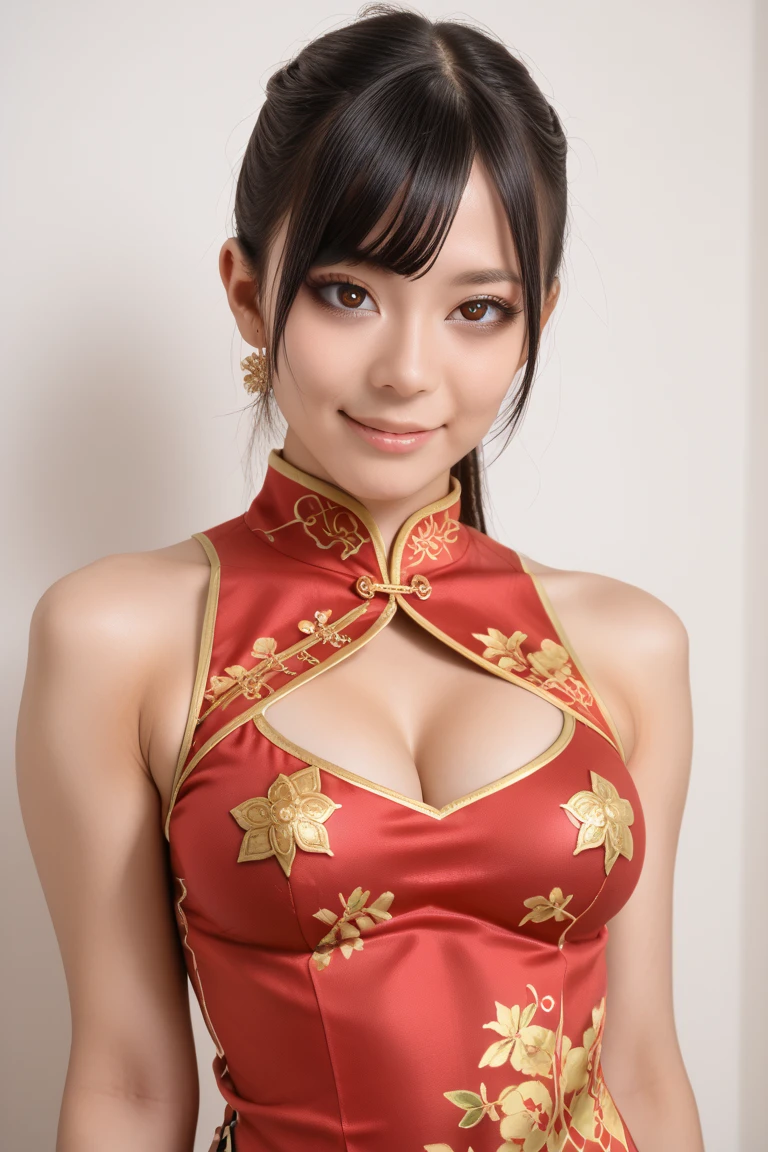 ((Best Quality, 8K, masutepiece: 1.3)), Super beautiful like the real thing)1(Beautiful breasts:1.3), (Abs, Slender figure: 1.1), Sharp Focus, (((Intricate details)), high detailing, Upper body, One black twin bun hair with bangs, (Luxury Satin Cleavage Cutout Evening Cheongsam:1.5), Detailed evening dresses, 8K, 8K resolution, clean detailed faces, Detailed body, detailed clothes, Sharp Images, Hyper Sharp Image, Japan anime concept art, Trending on ArtStation, Look at viewers, Facing the viewer, gazing at viewer, Seductive Sexy Pose, Seductive smile, pink lipsticks, Bokeh, field of depth, 8 life-size, 8K resolution, Upper body image, shot on EOS 5D Mark IV, 35mm lens, F1.8, luxury hotel, non-human background, Frame the head, detailed human hands, Perfect human hands, Perfect Anatomy, perfectly proportions, super sharp focus,