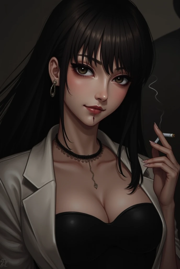 An adult woman, European, black spiky hair, light brown eyes degrade with yellow, red lipstick, eye shadow, blush, tired expression, affectionate smile, dressed in an open black blazer, red dress shirt, long ruby earrings, sitting in a café, putting her hair behind her ear, a little light sepia in the lighting, light effects in various directions,  Cold weather, indoor plants, sunny day, wavy hair