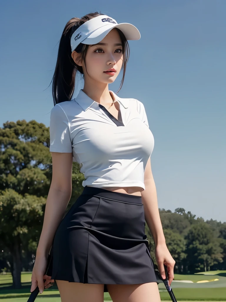 ((Best of the highest quality, 8k, Masterpiece, raw photo: 1.2)), (Sharp focus: 1.2), (1 AESPA, slim body type female, 21 y/o: 1.1), (Solo: 1.28), (realistic, photo-realistic:1.37), face focus, cute face, finely eyes, (droopy eyes: 1.32), (Emphasize prominent aegyo-sal with bright: 1.2), shimmering eyeshadow applied under the lower lash line, paired with thick, (small breasts, flat chest, Thigh: 1.3), (short messy hair: 1.28), (golf wear, skirt, sun visor: 1.32), walking Golf course, (skirt is rolled up by the wind, from below: 1.1)