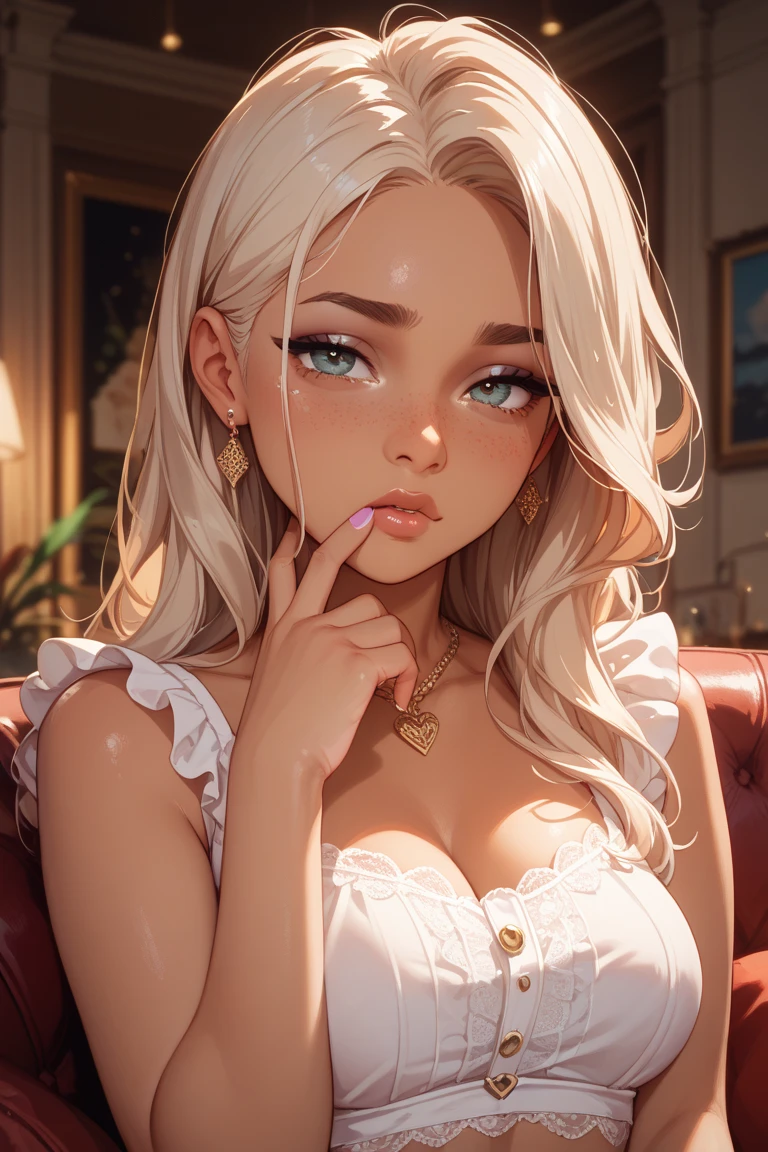 best quality, ultra high res, 1girl, sleeveless white button shirt, black skirt, black choker, cute, (Kpop idol), (aegyo sal:1), (platinum blonde hair:1), ((puffy eyes)), looking at viewer, full body, facing front