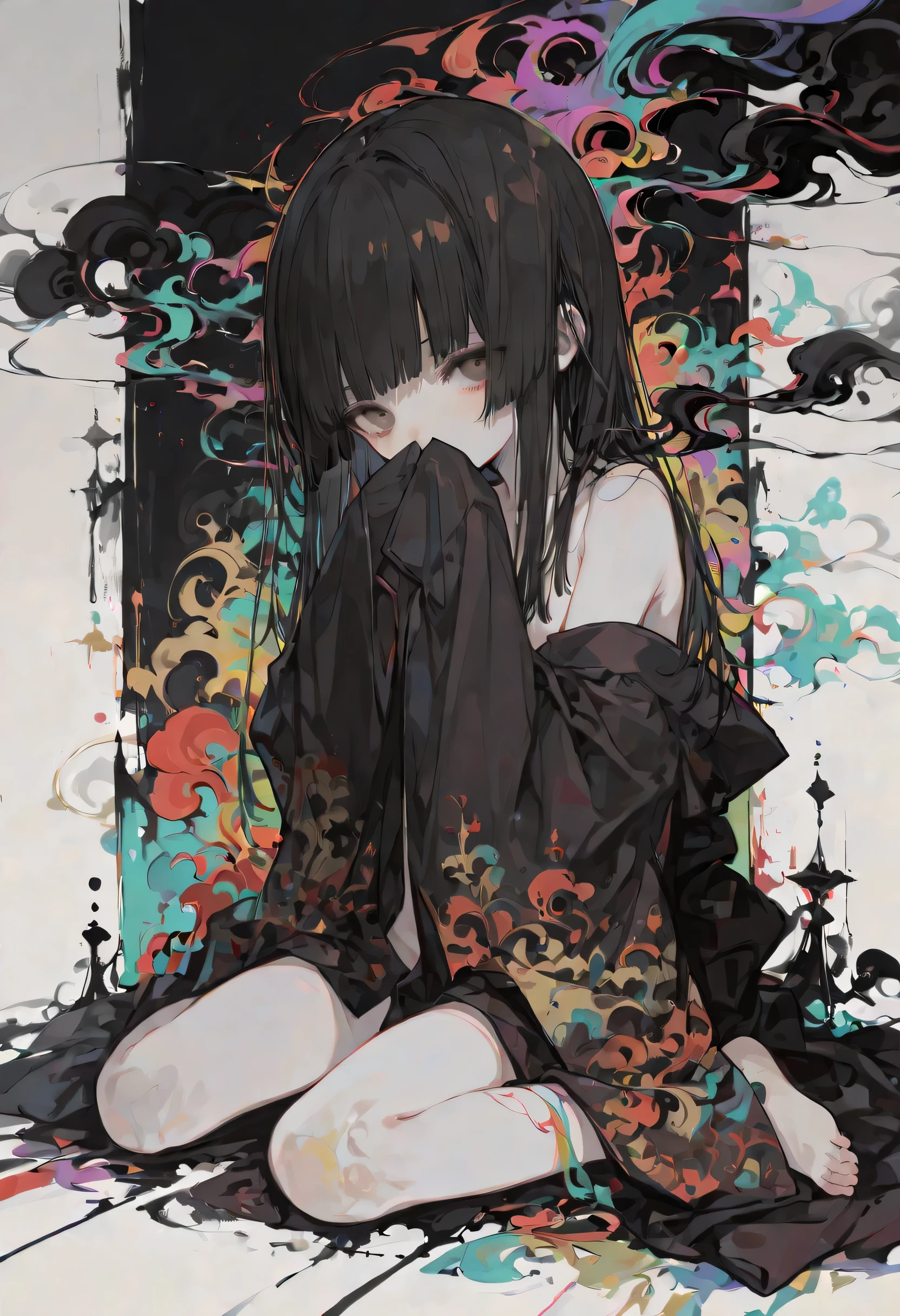 {{{masterpiece}}}, {{{best quality}}}, {{ultra-detailed}}, {illustration}, {{an extremely delicate and beautiful}},(1girl, toddler, black hair, hime cut, chestnut brown eyes, long hair, solo, skinny, small breasts),(masterpiece, Best Quality, Very detailed, characters), nude, r17329_illu, (sleeves past wrists), kimono, sitting, smoke background, facing at viewer, bWlua, colorful, abstract, a290, covering mouth by sleeves, wariza, back view