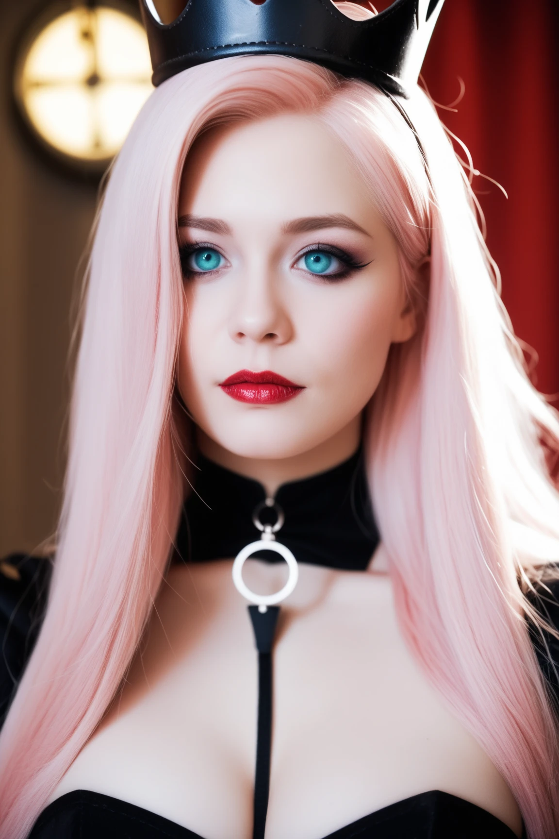 Blue eyes, red lips, blue hair, wide open mouth