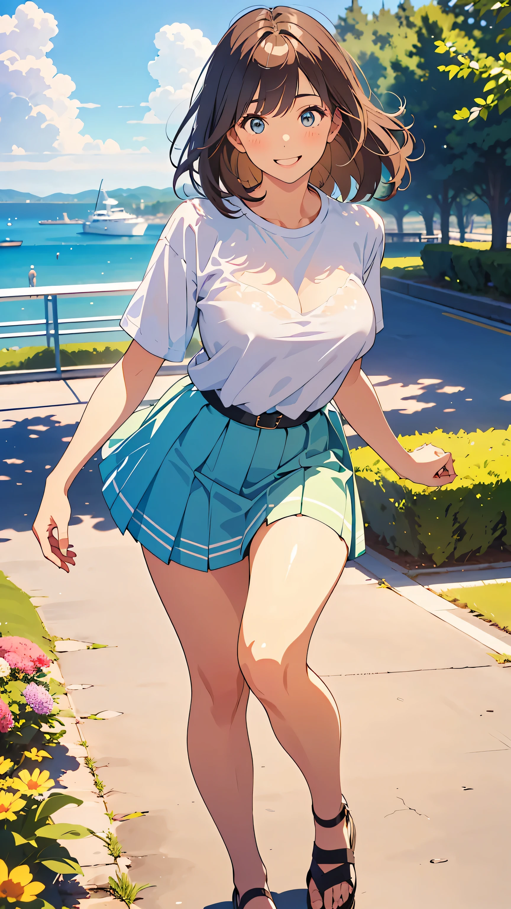 masterpiece, Highest Quality, This is an illustration of a seaside park, ((outlined with very thin lines :1.3)), very accurate, fine sections , high definition, 8k Wallpaper, SLR camera , perfect dynamic configuration, detailed expressions , beautiful eyes on my stomach、Down to the smallest detail, 20th Generation, cheek gloss highlights, model body type, biologically accurate limbs , showing the details of a beautiful face, (radiant white skin, natural feel , Natural Skin Radiance), natural light, (beautiful and shiny hair, smooth hair, brown hair, Thinning hair), (28-year-old woman, cute, Japanese adult woman), (Big Natural :1.6), (Big, crisp breasts , Round Breasts), thin waist,(Slightly see-through , white shirt, girly shirt), cuteカーディガン, ( long light green skirt , race, gypsy skirt),Skirt Blown in the Wind,( thin leather belt ), (long hair, shiny hair, curl, Disheveled Hair), sexy pose, Boob Tent:1.2, ((smile, awkward expression:1.3)), Face Focus, walk, dance, On a date, fun and exciting , Dynamic Composition, Seaside Park,Strolling through a seaside park, You can see a ferry in the distance, Picture of a flower bed with very small flowers blooming, cowboy shot,from front,
