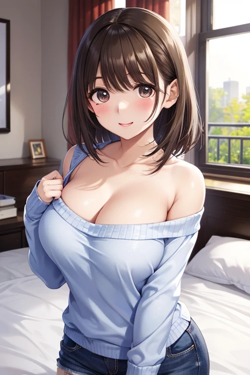 Frame-in, from the front of the face and body, look straight, Upper body, high quality, very high resolution, high quality, very high resolution, pretty girl, brown hair, amount, dull bangs, bob cut, blush,brush up bangs, wearing a plain T-shirt, shirt lift, See light blue polka dot bra, medium breasts, upright, naughty way to sit, smile, At the office