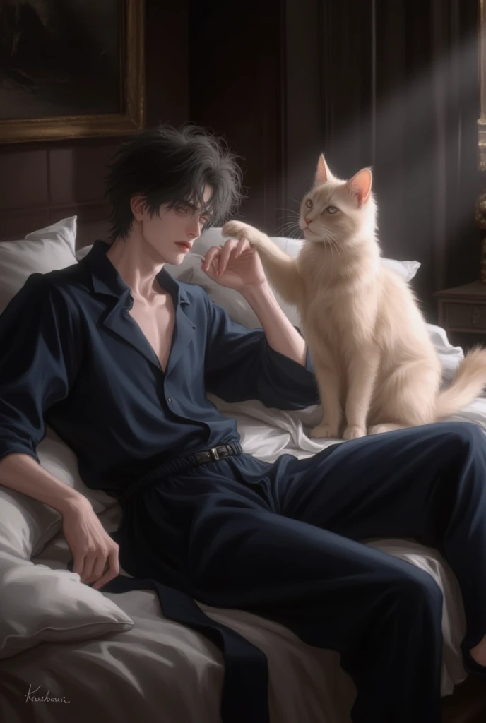 Sharp-featured young man, tousled dark hair, pale skin, cold expression ...