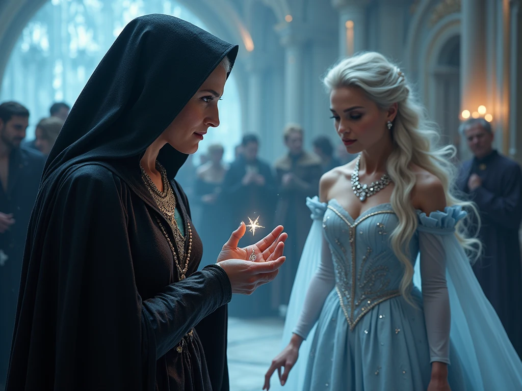 create the two sorceresses dueling each other using their empowered hands touching each other, a sorceress with flowing white hair and a dark green dress; another sorceress with brown hair and a violet dress with gold and a flowing cape.