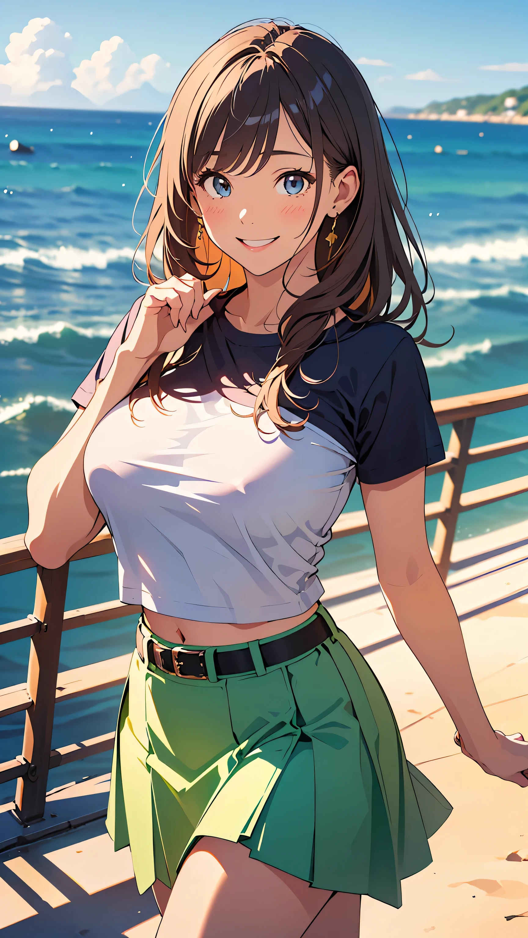 masterpiece, Highest Quality, This is an illustration of a seaside park, ((outlined with very thin lines :1.3)), very accurate, fine sections , high definition, 8k Wallpaper, SLR camera , perfect dynamic configuration, detailed expressions , beautiful eyes on my stomach、Down to the smallest detail, 20th Generation, cheek gloss highlights, model body type, biologically accurate limbs , showing the details of a beautiful face, (radiant white skin, natural feel , Natural Skin Radiance), natural light, (beautiful and shiny hair, smooth hair, brown hair, Thinning hair), (28-year-old woman, cute, Japanese adult woman), (Big Natural :1.6), (Big, crisp breasts , Round Breasts), thin waist,(Slightly see-through , white shirt, girly shirt), cuteカーディガン, ( long light green skirt , race, gypsy skirt),Skirt Blown in the Wind,( thin leather belt ), (long hair, shiny hair, curl, Disheveled Hair), sexy pose, Boob Tent:1.2, ((smile, awkward expression:1.3)), Face Focus, walk, dance, On a date, fun and exciting , Dynamic Composition, Seaside Park,Strolling through a seaside park, You can see a ferry in the distance, Picture of a flower bed with very small flowers blooming, cowboy shot,from front,
