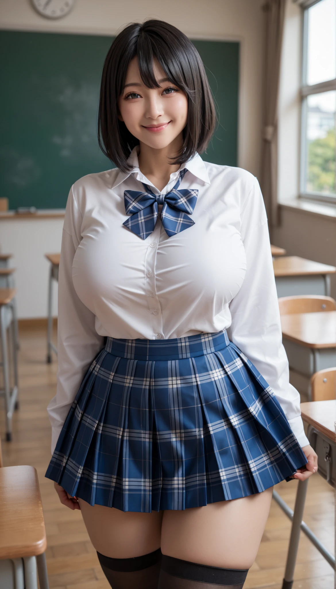 best quality,8k,Japanese girl,(huge breasts),smile,closed mouth,medium hair,black hair,school uniform,white shirt,plaid skirt,blue skirt,mini skirt,black thighhighs,classroom,enako
