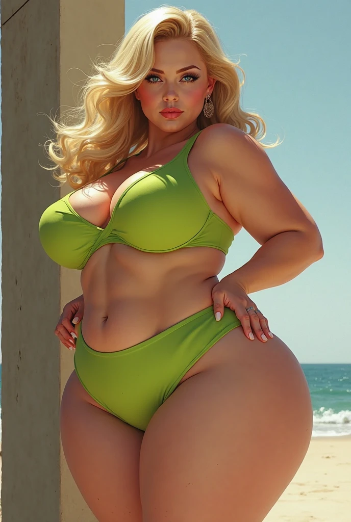 1 girl,(solo), (cowboy shot:1.3), (masterpiece:1.2), (high quality:1.0),looking at viewer, (ultra detailed),Smile with dynamic sexual intentions ,short orange hair, green eyes, Gwen Tennyson, ((micro bikini)), beach, curvy, Full body, High heels, thick thighs.
