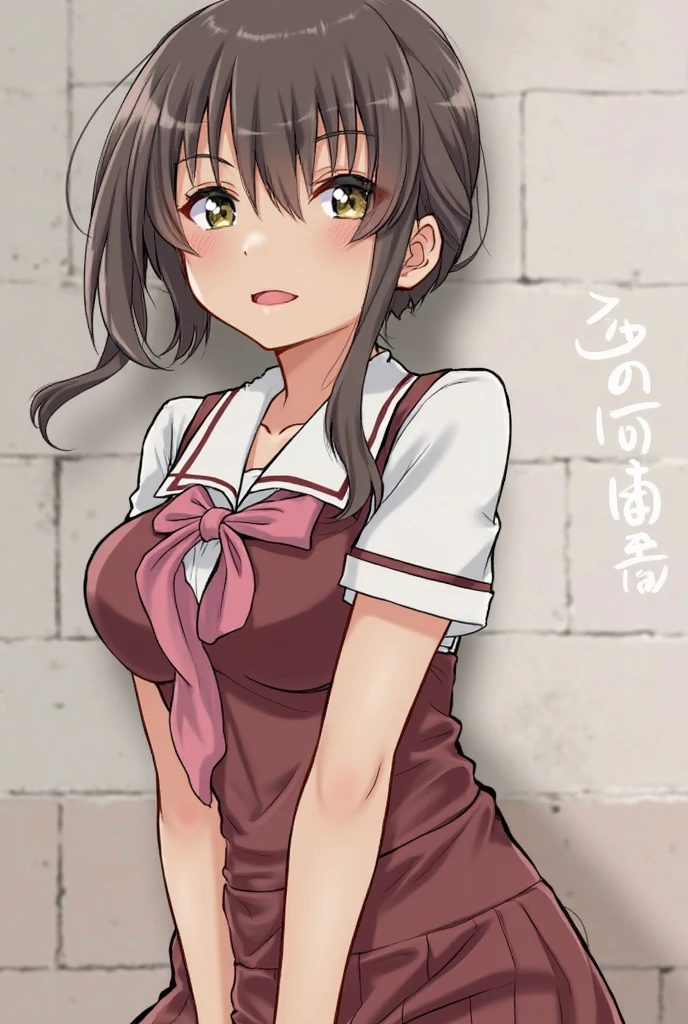 solo, smile, Nanako Doujima, short twintails, brown eyes, eva school unifrom, 1girl, solo, tokyo-3 middle , shirt, short sleeves, suspender skirt, neck ribbon,, ultra detailed, masterpiece, best quality,nsfw,small breasts,panties