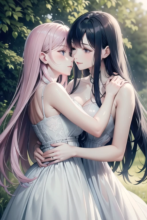 (best quality,4k,8k,highres,masterpiece:1.2),ultra-detailed,realistic:1.37,portrait,beautiful detailed eyes,beautiful detailed lips,extremely detailed eyes and face,long eyelashes,lovely appearance,romantic garden scene,happy and lively atmosphere,soft sunlight filtering through trees,flowers in vibrant colors,delicate and flowing dresses,playful pose,gentle breeze,cheerful smiles,blushing cheeks,subtle makeup,affectionate kisses between the two girls,passionate emotions,deep and intense connection between them,feminine curves,perfectly proportioned bodies,graceful movements,stunning visual impact,impeccable attention to detail,exquisite texture and brushwork,oil painting style,thick brushstrokes,rich and harmonious color palette,subtle variations in skin tones,natural and lifelike shading,sublime beauty captured on canvas