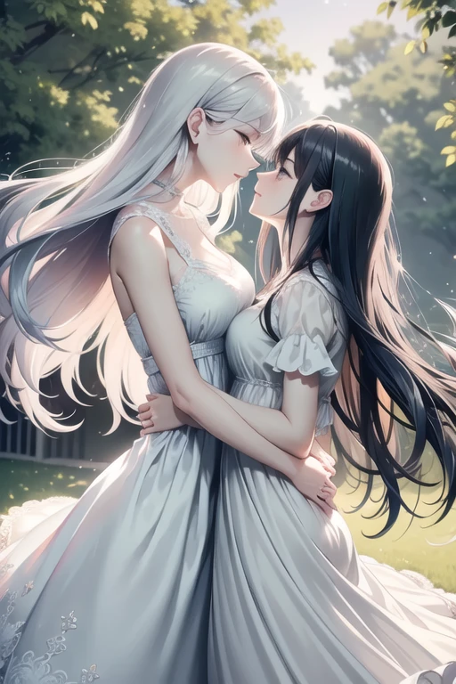 big breasts:1.2、、highest quality、very detailed、Very realistic eye masterpiece、highest quality、very detailed、gray hair、perfect face、long hair、white dress、sundress、lily、two girls、anime、kiss、countryside