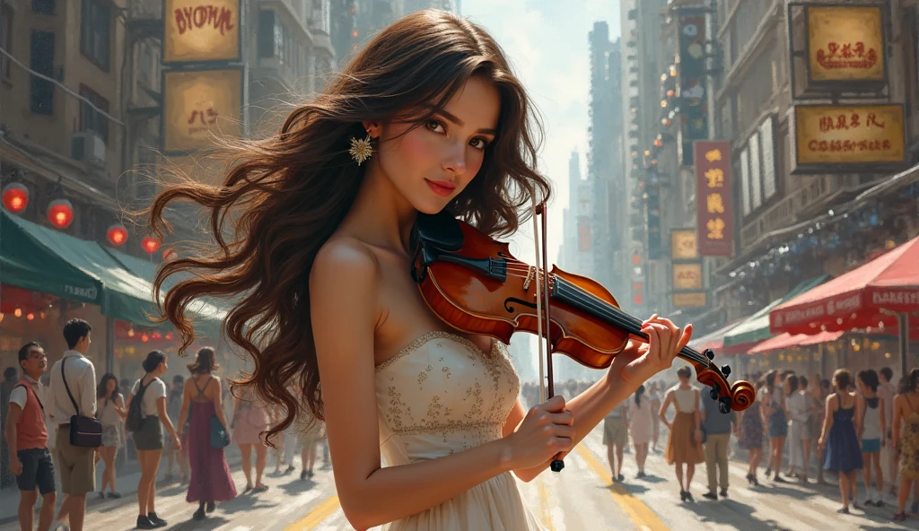 violin、serious Face、Deep shadows、Oil painting style、Venice night scene background、close up、 Dramatic Lighting, Extremely true, 8k, Crazy details, Wheels within wheels, Bokeh, Shot with a 60mm lens, ISO 300, F/4, 1/200th, Bright colors, Pino Deheny, Vincent Van Gogh, Luis Royo, Frank Frazetta