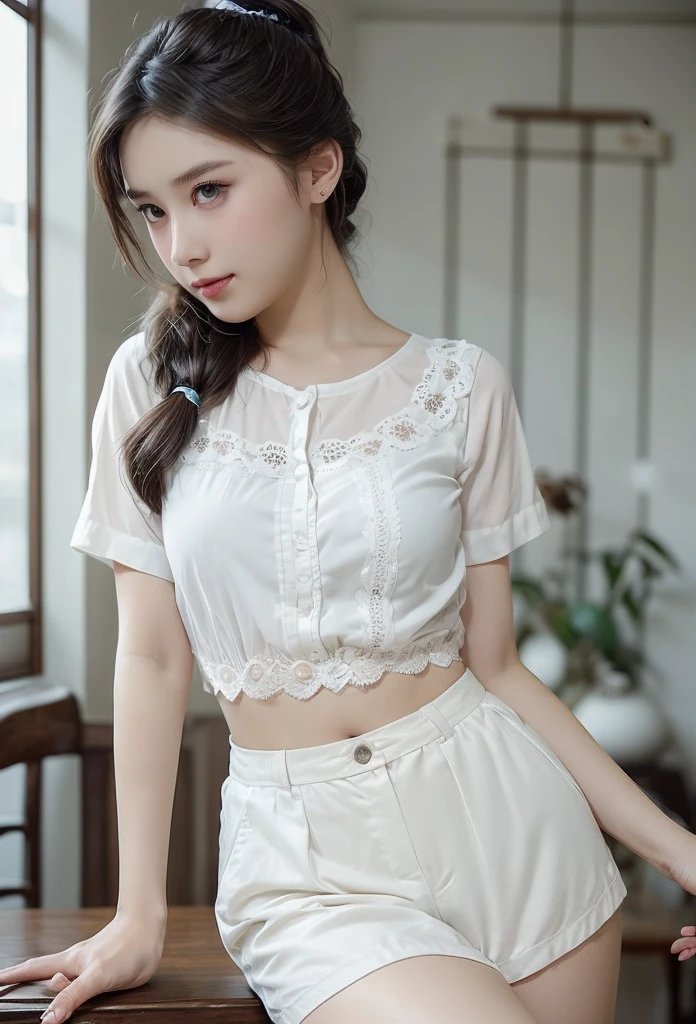 Perfect skin Perfect girl face, ultra-thin lace trim, super short full, private room girlfriend room, white clothes, perfect picture quality, 4k picture quality