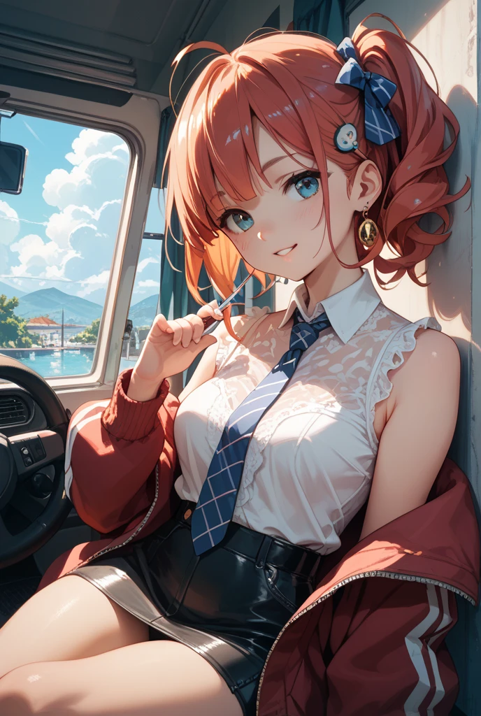 (Highest quality, 8K, 4K, High resolution, masterpiece:1.2), Very detailed, Anime Style:0.9, Realistic, Bright colors, Written boundary depth, Blurred Background, alone, 1 female, (Red Hair, Short Bob, Cut straight、Straight bangs, Dark brown eyes), Beautiful facial details, Beautiful Eyes, Long eyelashes, Soft lips, (Small face), (smile:1.3), Rear View, ((uniform:1.2, )), train, (Sit with your legs apart), Lace Underwear, Big cleavage, Expressions of ecstasy, Sweat, Blushing, My body is soaked, Wet Panties,