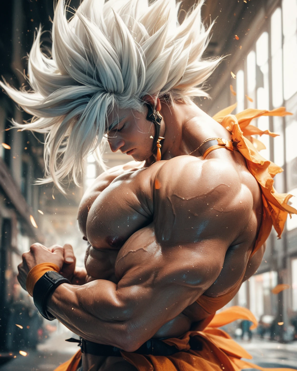 Vegeta, the 5, 20 year old super sayagin with fair skin is a true masterpiece of male beauty, anatomically perfect from the modern man standing tall in an abandoned haunted city. Moonlight accentuates your muscles and scars. The landscape is lush and mysterious, with the dark city. Surroundings. The camera details everything. When looking at beautiful eyes, having sexy eyes will attract the opposite His eyes are on the viewer, you can clearly see every little detail and every perfect line, every beautiful skin detail in 8K quality, everyone is captivated by the confidence that exudes from every glance. His head has white hair and his face is painted with meticulous detail using 8K quality images. Is a character in the series Dragon Ball Seven. gliulian art style, highly detailed official artwork, jin shan, official art --auto