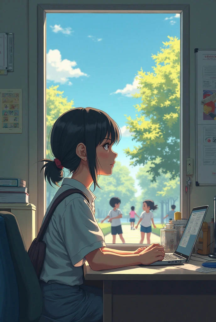 A girl in a high school classroom，The last row by the window，Looking out the window，Wearing school uniform，Cartoon 3D style，