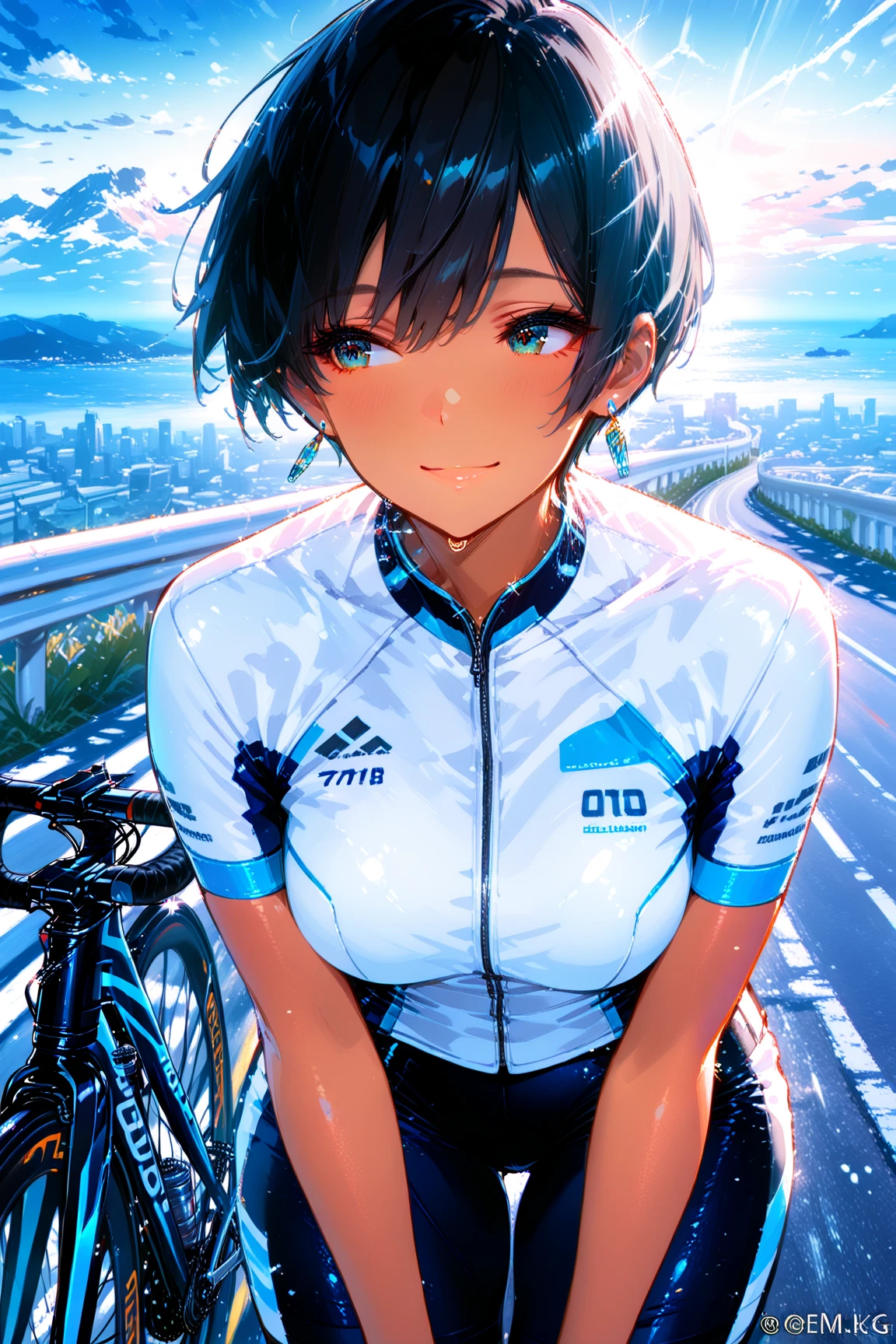 masterpiece, Best Quality,Illustration, Wallpaper, Ultra Detail, 1girl in,Solo,Beautiful detailed eyes,Very thick contour lineedium Short-Cut Hair、Short, Braided hair、(tight cycling wear and cycling pants)、Dark hair color、cute smile、Overlooking angle:1.2、small head、ample breasts, ridng road bike, mountain road