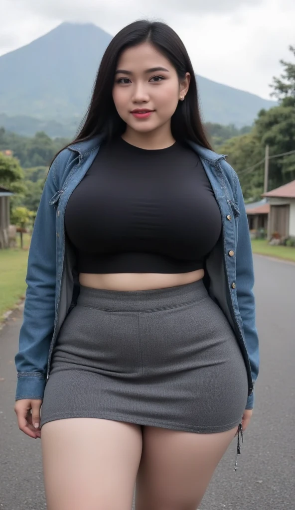 14 year old young girl, very fat chubby , gigantic big breasts:1.8 wearing a black shirt and denim shorts, colossal tits:1.8 wearing a black shirt, young face, standing at the viewpoint near the lake, wearing a Black shirt and blue denim shorts, fat ass