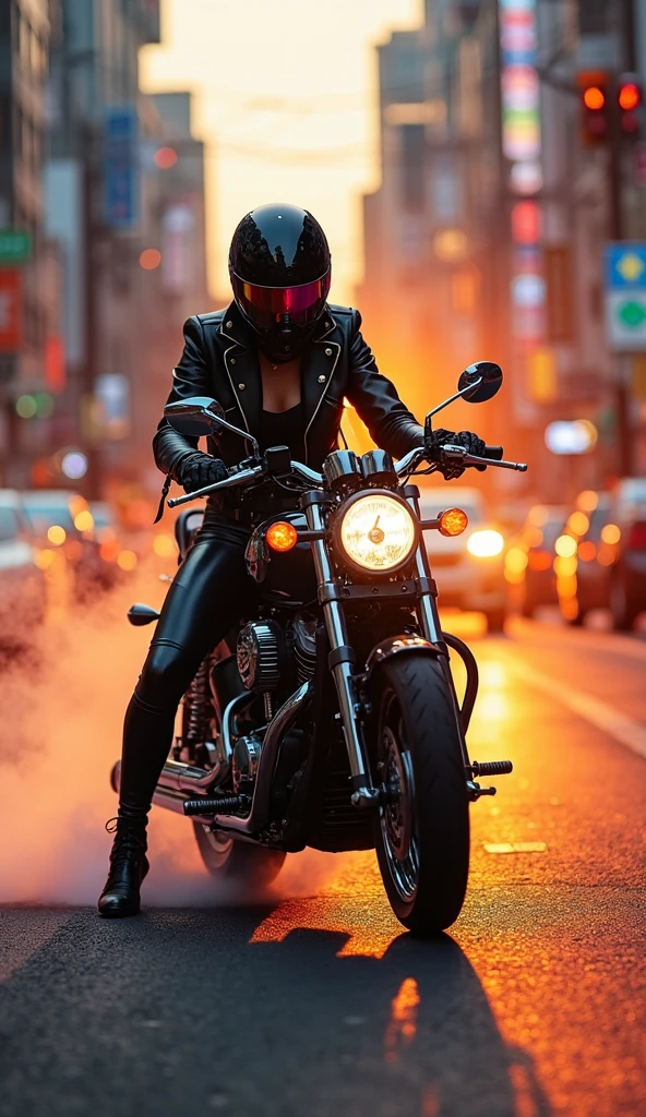 Create a gamer logo for a club that captures the essence of the following keywords: sexy, liberal, magic, Dura, open, using a color palette that includes pink, negro, with a touch of rainbow. The logo should feature a girl on a motorcycle, wearing a helmet that does not show your face, with a powerful and confident attitude. The composition must be visually striking, fusing elements of sensuality and freedom, with a design that conveys both strength and a magical touch. The logo must not contain any text.. 