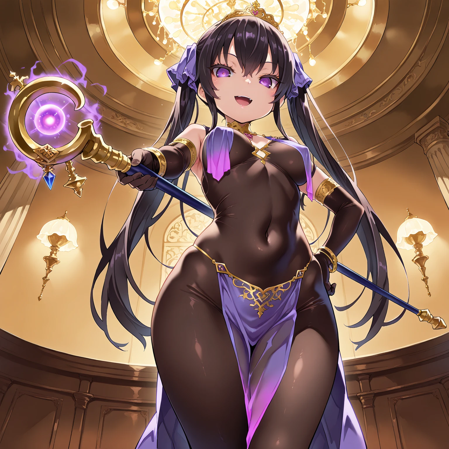 best quality, masterpiece, tharja, gold loincloth, gold-lined bodystocking, gold hairband, gold collar, cape, hands on desk, leaning on desk, ass, standing, looking back, looking at viewer, from side, (Background: Indoors, stone room, artifacts, glowing rocks, desk, shelves filled with books and potions)