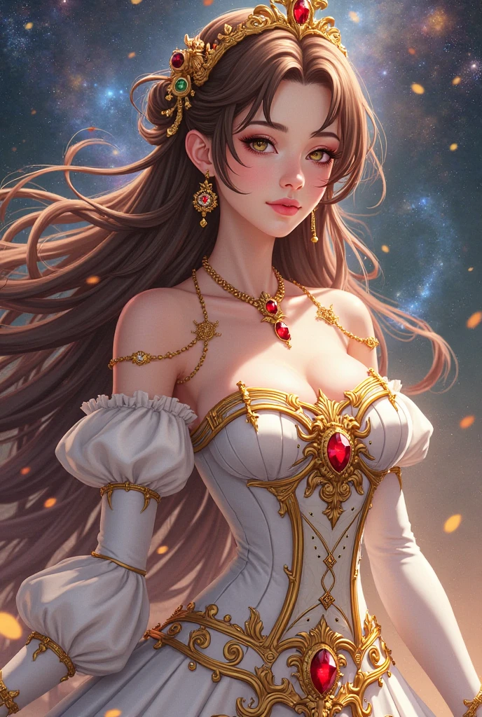 A wonderful masterpiece, Upper Body, (Adult: 1.6) Hungarian woman, (Giggling: 0.4), Place your arms behind your head, Golden braid, Sparkling eyes, victorian sundress, Floating light particles, Centered, Adding facial details