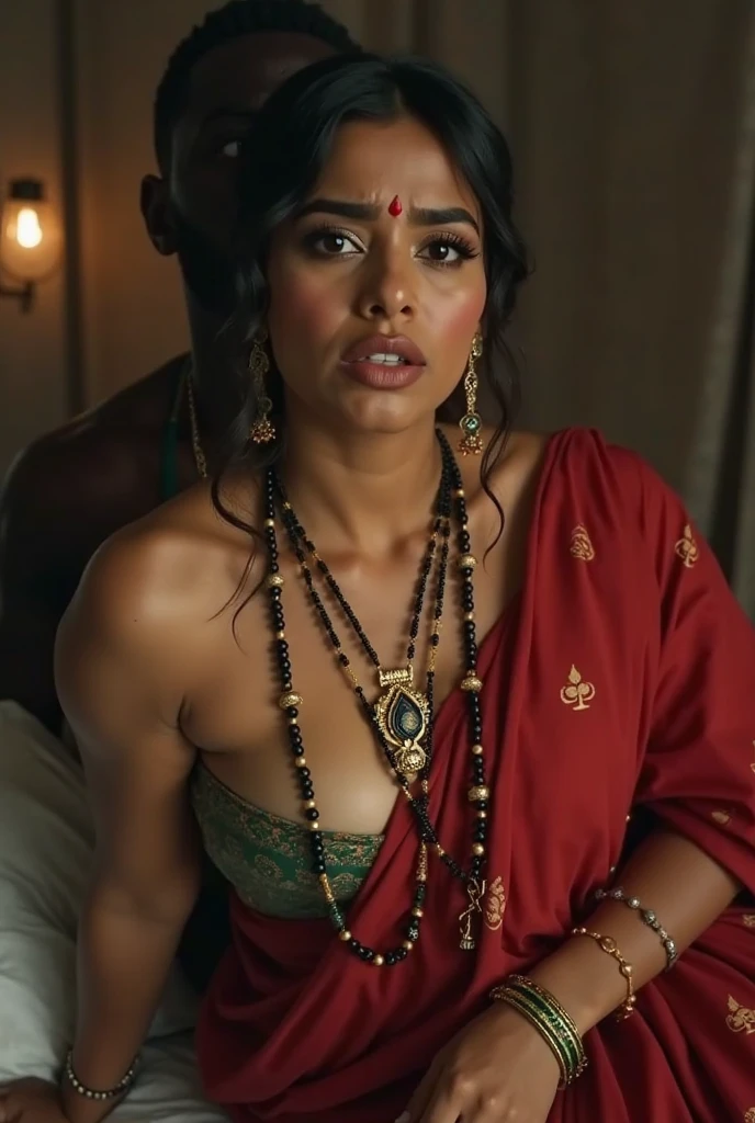 A very close picture of Indian, winding, hourglass figure, massive Breasts swoop, no bra, visible nipples, bend down and hanging breasts, Shows deep cleavage, Kneeling in ceremonies, French braid hair, necklace, Sexy maroon saree and not wearing bra, Sultry, Alluring eyes, Look at the viewer and smile, (Cinematic:1.3), Complex details, (ArtStation:1.2