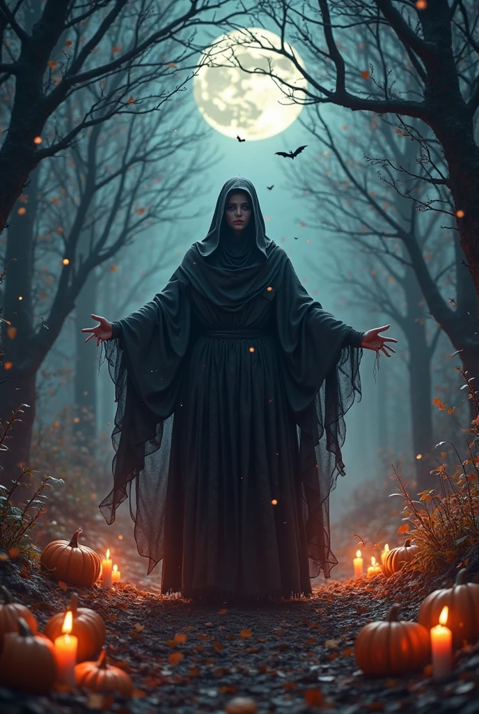 Create a surreal portrait of Lilith, a servo witch man, her hood shadowing her face. She stands amid an array of candles, each one inscribed with mystical symbols, creating a powerful aura of magic and mystery around her.