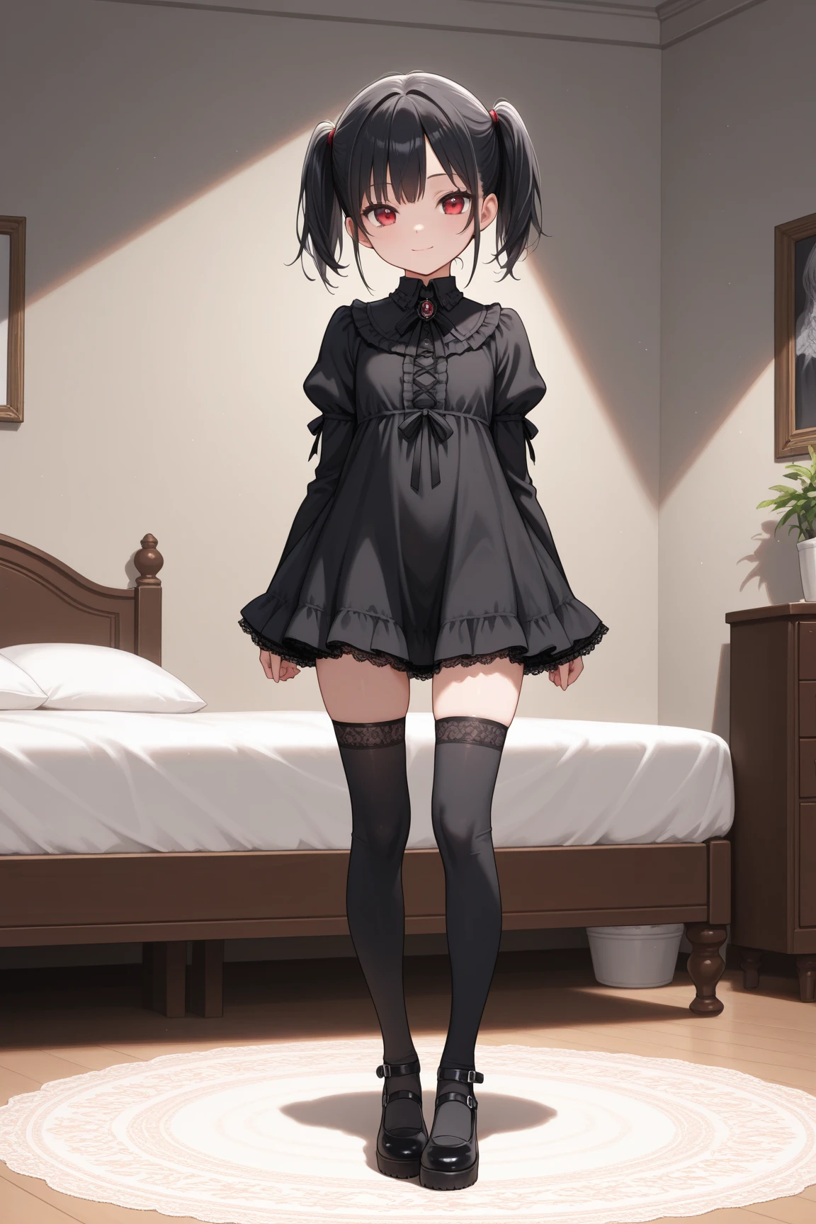 a drawing of a young girl in a black dress is posing beside an empty bed, 1girl, solo, pantyhose, dress, black dress, indoors, skirt hold, black pantyhose, white hair, short hair, long sleeves, blue eyes, braid, looking at viewer