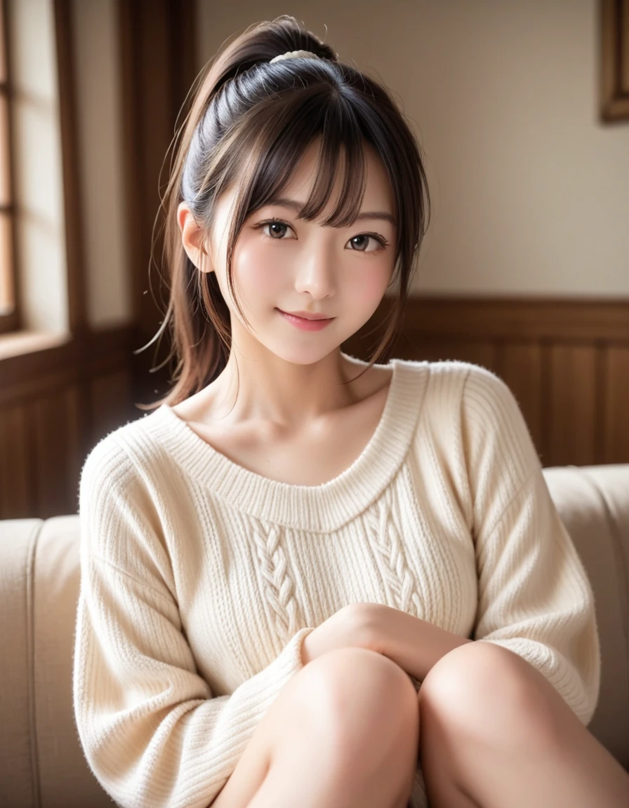 Highest quality, Face Focus, Soft Light, Ultra-high resolution, (Realistic:1.4), RAW Photos, 1 Japanese girl, alone, cute, (A shy smile:0.5), (Brown eyes, Light in your eyes), Beautiful face in every detail, (Small box),(High resolution detail of human skin texture), (semi-long),Fluffy clothes , Best, skirt、28 years old、round face、Brown Hair、Straight Hair、Natural pose、Sitting in a chair、Cute room