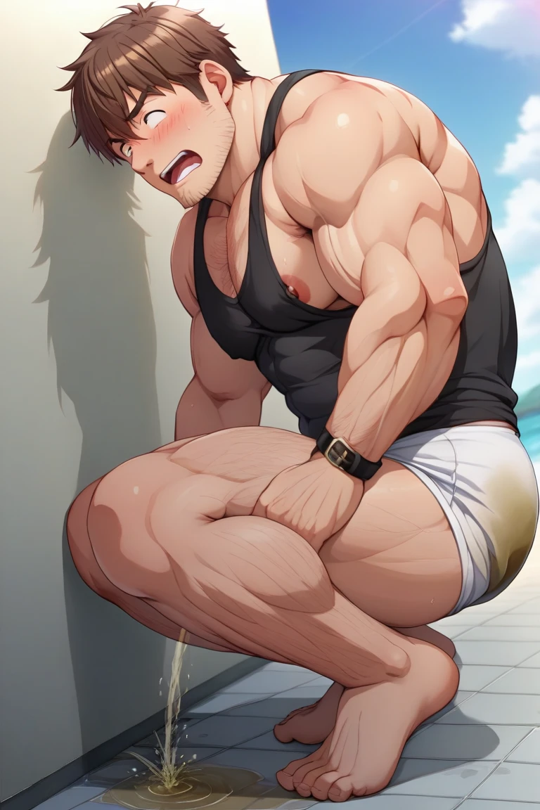 ((Best Quality, 8K, Ultra-detailed, masutepiece: 1.3)), underground room,An 18-year-old boy is imprisoned by a pervert.,My hands are tied and I'm hanging from the ceiling with a hurrah.,facing straight ahead,Short-haired with black hair,Black eyes,(Cute baby face:1.1),As handsome as a model, jock strap,toppless, Sweat vapor, Crying face,Reluctant face,blush,Parted lips,Fierce resistance, Bondage,What BDSM looks like,A vibrator is inserted into the anus,The bulge of the vibrator can be seen from the string panties,Open legs,gargantilha,noose,chain,High-quality images,High-quality images,Realisticity,detail portrayal,Vivid colors,