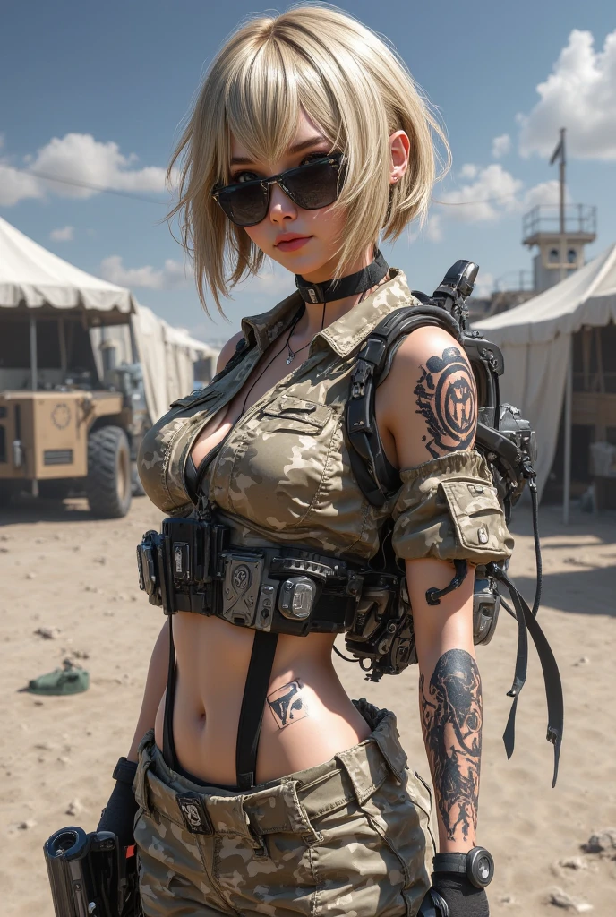 Masterpiece,The best qualities,Very high resolution,8K,((Portrait,nude,nake)),((Head close-up)),Original photo,real photo,digital photography,Woman with blonde short hair and black top, look at viewer,Looking from below,(big ass:1.13), In the middle of the desert with a dirty body, in a post apocalyptic setting, mad max inspired, post apocalyptic setting, mad max fury road style, bikini + tattered military gear, rugged and dirty, badass pose, Detailed skin, blue eyes, thighs visible, In Dynamic Pose, grim face,very detailed night city background,