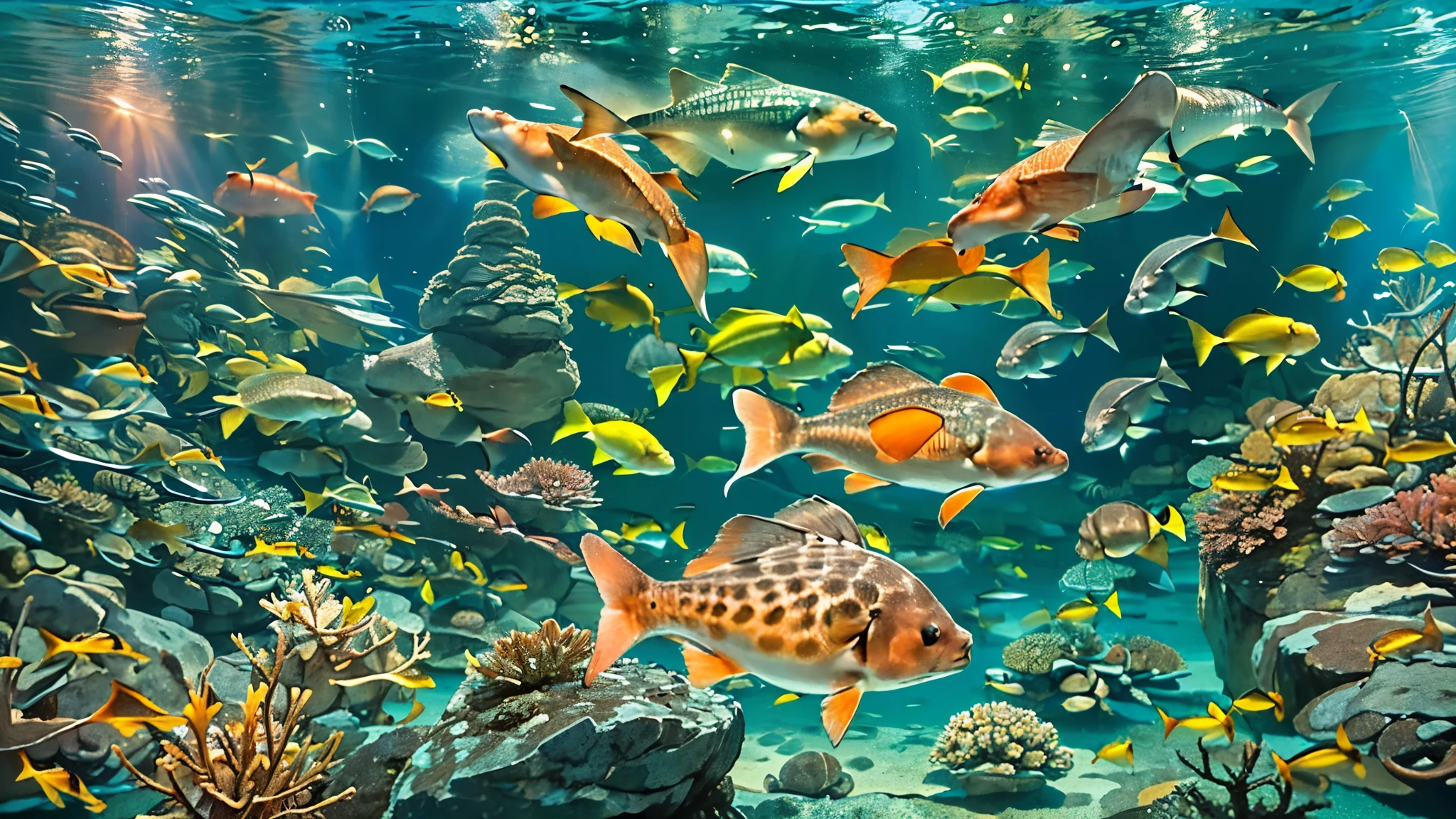 A huge, dimly illuminated, futuristic aquarium, (Blue rays and blue water:1.2) ,(express detailed details:1.5), (I'm watching many fascinating schools of fish swimming in a super huge tank:1.5) . soft blue surface , (Majestic rays, giant sunfish, and large colorful tropical fish are swimming in the tank:1.5),(There are shrimp, crabs, starfish, sea anemones, and sea urchins crawling at the bottom of the tank:1.5), (A large number of tropical fish are swimming tightly in a huge multi-tiered tank:1.5),while admiring the serene beauty of the water、creates a calm atmosphere , world . in the background 、has a towering fish tank full of coral reefs and seaweed, a group of vibrant tropical fish.The supergiant aquarium of the future,(is full of colorful creatures I've never seen before swimming:1.5),Super giant aquarium,(A 100m water tank that is enough to look up:1.5),(Back view of a girl looking up at an aquarium:1.5),(colorful fish and creatures:1.5),