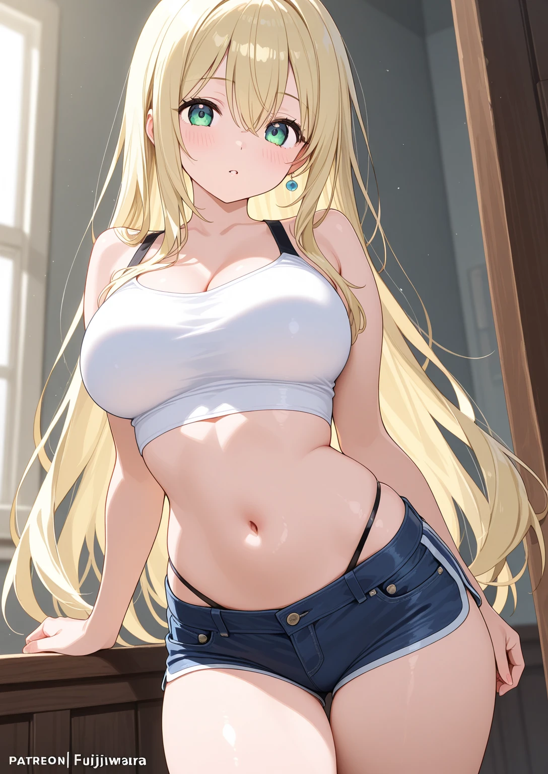 2D, Top quality, (Masterpiece), (Full length), (Glossy blonde hair: 1. 6), Straight long hair, (Brown beauty), (Healthy dark skin), (Tanned), Clavicle, (Denim hot pants), (Tank top), JK, Glowing bare legs, Shank hair, Brown eyes, Attractive thighs, Large breasts Bedroom, On bed, light from window, erotic look, sweaty, wet hair, drop from hair, can in right hand, breathless, bold pose
