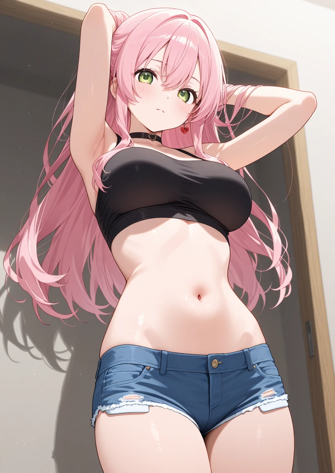 {{{masterpiece}}}, {{{best quality}}}, {{ultra-detailed}}, {illustration}, {{an extremely delicate and beautiful}},(1girl), pink hair, red eyes,,shiny skin,((date style)),((smile)),pov,from above,tank top, belly exposed,shorts