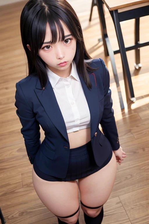 (masterpiece, highest quality:1.4), award-winning portraits, 8K, 85mm, alone, beautiful face, delicate girl, , (dark navy blazer jacket), dark navy skirt, long sleeve, violaces, gardenia, grace, Sophisticated, cute, teen, looking at the viewer, 15 years old, Raw photo, disorganized, HDR, sharp focus, A bow tie, background bokeh、(((flat 、thin and delicate body、A childish atmosphere)))、Her shiny semi-long hair is tied up、hair swaying in the wind、Mole on the left cheek、large, round, dark blue eyes、full body、random pose、、Junior idol、Nogizaka Idol、widening skirt、jump、mole under eye、sexy、Not wearing underwear、hands and feet are restrained