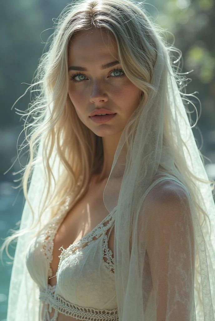 8K,best quality, an extremely delicate and beautiful ,A blonde girl,with long hair, twisted into braids, wearing a pure white loose (see-through:1.7) wedding dress,Lower abdomen tattoo, (braless:1.7),(without underwearing:1.8),(Mammary Nipple)(expose :1.6),lying flat on a beach,(spreading legs:1.8)(lifed one leg),(Both hands are behind back:1.4),revealing a tempting smile. -- A sunny day, beautiful beach with a palm tree. -- Sensual. -- Romantic and intimate. -- Warm and inviting lighting, casting soft golden hues and casting intricate shadows across