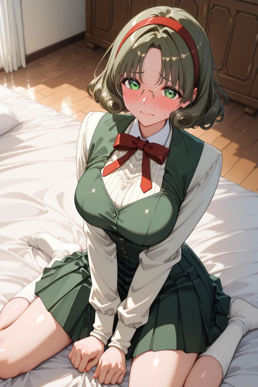 In 8K, highest quality, real image, intricate details, super detailed, Super high resolution, depth field,(Photoreal,realistic:1.2),masterpiece, 0.25 :: Close-up , Frontal shot , From the middle , 1 girl, Eye_Chan, very beautiful 17 year old girl, innocent big eyes, (Brown_short_hair), (green_eye:1.0),(前hair),dishevled hair,(hair clips), perfect shiny skin, perfect skin, fair white skin, huge breasts, cleavage, thin waist, light blush, solo, looking at the viewer, light smile, perfect five fingers, chubby under clothes、Sweat、 wear((School_uniform)、(white_skirt)、(green_length_tie)、(green_pleats_skirt)、(black_pantyhose:1.2)、 (sculpture installation:1.1)、 Sunset High School in Japan ,skirtを手でめくり上げる、Show white panties、Pull up your skirt and show your panties、big breasts、Functional、Show white panties through stockings、skirtをめくる、skirt flipping、Roll up your scarf with your hands、show underwear、Show off your pants with your own hands、Panty shot、barefoot、open your legs、spread legs、barefoot、wide open legs、Panties digging into the crotch、Raise one leg slightly