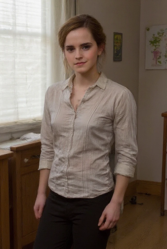 (Emma Watson), ((RAW photograph, Realistic photo, Best quality, 8K, Masterpiece: 1.3)), (full figure:0.9), Secretary of Mexico, They are 30 years old, sexy body, aligned eyes, smiling, Very long straight hair, She will be wearing a tight striped skirt, (slit skirt:1.6), She will be wearing a blouse, thin waist, She will be with her back to the viewer, She will be sitting in the office. of nature