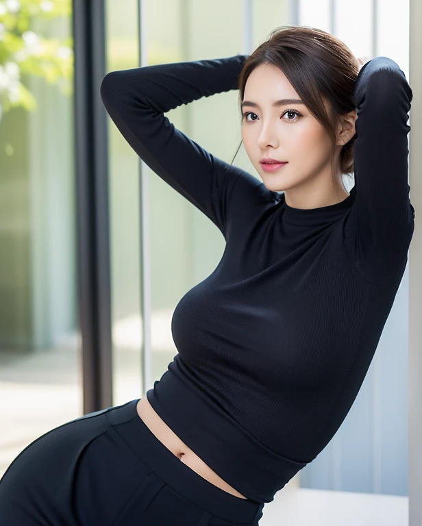 (((Standing with legs apart)))、slouch、Wearing black knitwear、(arms are behind back)、 ((Best Quality, 8K, masterpiece :1.3)), Full body、beautiful girl with perfect figure :1.4, Slender Abs :1.1, ((Huge breasts :1.2)),Ultra-detailed face and skin