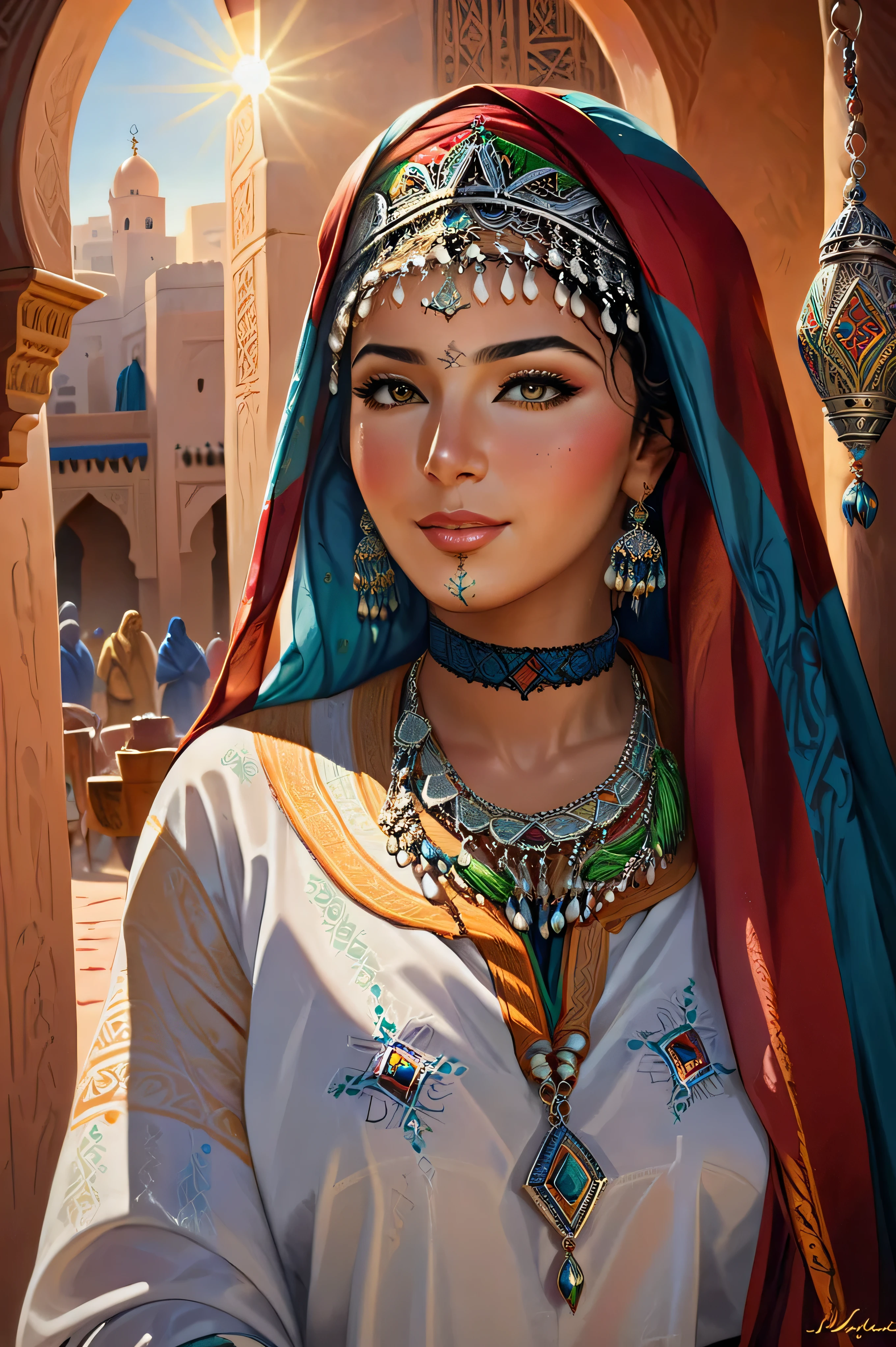 (best quality,photorealistic),vibrant colors, detailed facial features, intricate hair, traditional attire, confident posture, traditional Moroccan jewelry, sunlight illuminating the scene, lively and energetic composition