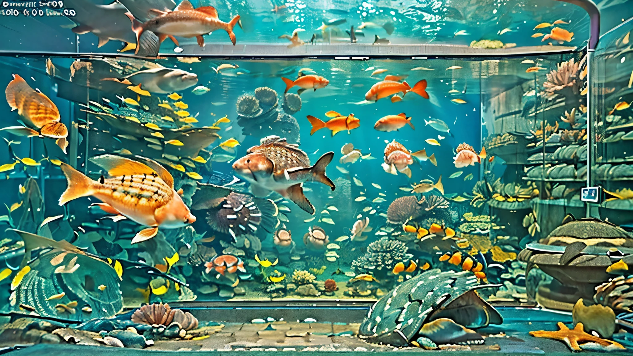 A huge, dimly illuminated, futuristic aquarium, (Blue rays and blue water:1.2) ,(Express detailed details:1.5), (I'm watching many fascinating schools of fish swimming in a super huge tank:1.5) . soft blue surface , (Majestic rays, giant sunfish, and large colorful tropical fish are swimming in the tank:1.5),(Shrimps, crabs, starfish, sea anemones, and sea urchins crawl at the bottom of the tank:1.5), (A large number of tropical fish are swimming tightly in the giant multi-tiered tank:1.5),while admiring the serene beauty of the water、creates a calm atmosphere , world .  in the background 、has a towering fish tank full of coral reefs and seaweed, a group of vibrant tropical fish.The supergiant aquarium of the future,(is full of colorful creatures I've never seen before swimming:1.5),Super giant aquarium,(A 100m water tank that is enough to look up:1.5),(Back view of a girl looking up at an aquarium:1.5),(colorful fish and creatures:1.5),