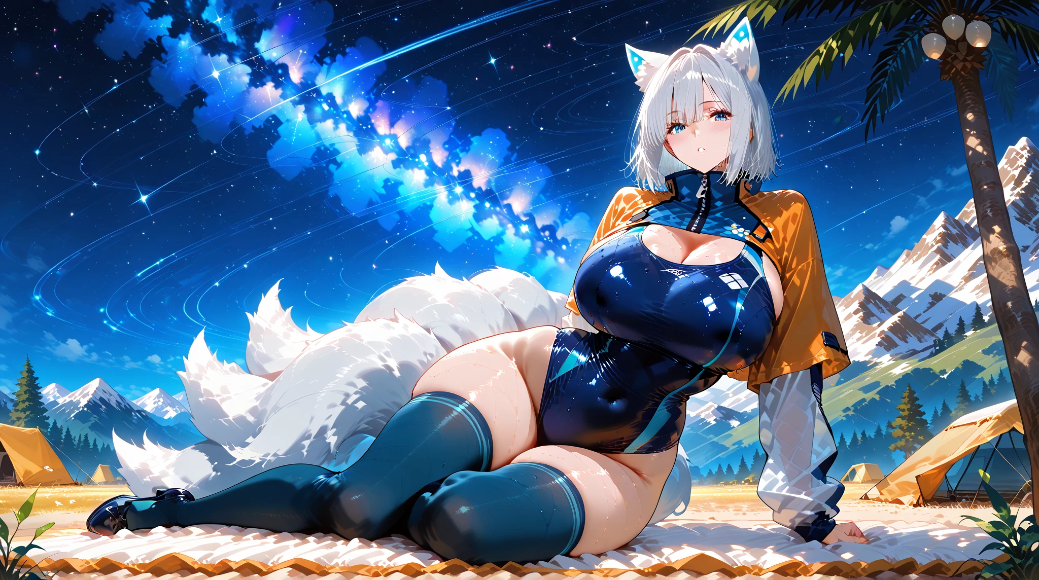 Beautiful white Kitsune, yellow eyes, highly detailed face, highly detailed eyes, big breasts, sexy figure, mature woman, several white kitsune tails, soft long white Kitsune ears, You rule a lake, a huge blue moon in the sky reflecting in the water, The forest would be burning flames blue, full of charred, the eyes would glow yellow,Very detailed face and eyes, Wearing blue and yellow Race Suit