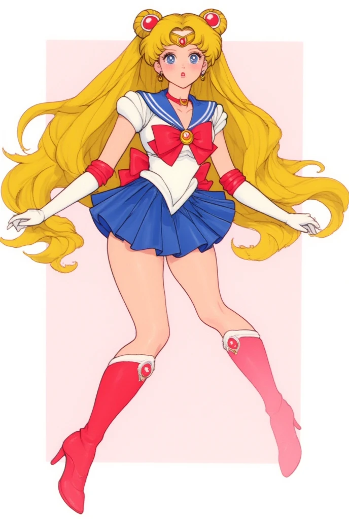 STICKER (Sailor Moon), cosplay, face view, ass view, high heeled boots, show boots, ultra detailed, masterpiece, best quality, sticker with borders, tan skin, ponytail,(sailor moon costume), blue eyes, blonde hair, long hair, smile, nsfw, big breasts, thigh highs, panties, wide hips, short, solo, full cleavage, full body portrait, model pose, show all, wide angle view, multiple, see thru nipple